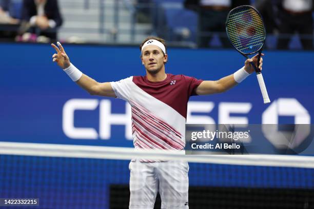 Casper Ruud of Norway reacts after defeating Karen Khachanov during their Men’s Singles Semifinal match on Day Twelve of the 2022 US Open at USTA...