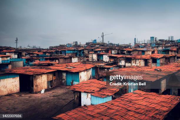 digital artwork of a crowded poor neighbourhood in a large city with makeshift tin shack huts for homes - asentamiento humano fotografías e imágenes de stock