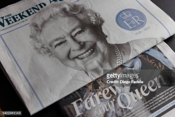 Australian newspapers pay tribute to the Queen following her death on September 10, 2022 in Melbourne, Australia. Queen Elizabeth II died at Balmoral...
