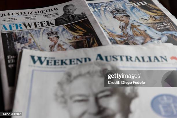 Australian newspapers pay tribute to the Queen following her death on September 10, 2022 in Melbourne, Australia. Queen Elizabeth II died at Balmoral...