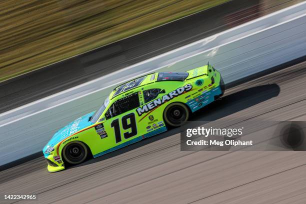 Brandon Jones, driver of the Menards/Klearvue Cabinetry Toyota, drives during practice for the NASCAR Xfinity Series Kansas Lottery 300 at Kansas...
