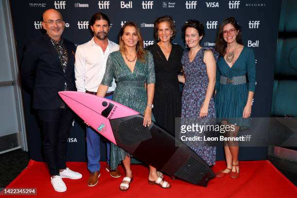 Julian Cautherley, guest, Maya Gabeira, Stephanie Johnes, Alexandra Johnes, and Camiris Lourenco attend the "Maya And The Wave" Premiere during the...