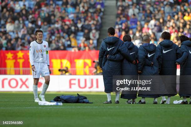 Daiki Iwamasa of Kashima Antlers shows dejection after his penalty is saved by Seigo Narazaki of Nagoya Grampus during the penalty shootout following...