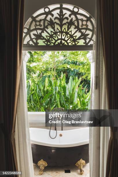 luxury bath tub in exotic asian style outside on terrace with tropical garden view on background - private view stock-fotos und bilder