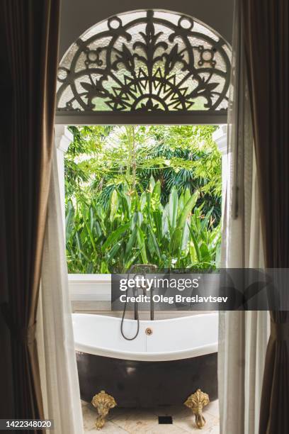 luxury bath tub in exotic asian style outside on terrace with tropical garden view on background - private view stockfoto's en -beelden