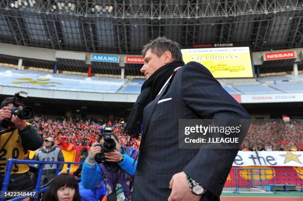 Head coach Dragan Stojkovic of Nagoya Grampus is seen following the Fuji Xerox Super Cup between Nagoya Grampus and Kashima Antlers at Nissan Stadium...