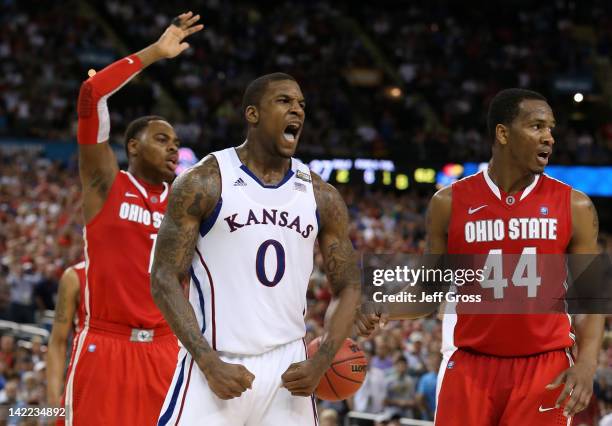 Thomas Robinson of the Kansas Jayhawks reacts in the second half while taking on the Ohio State Buckeyes during the National Semifinal game of the...