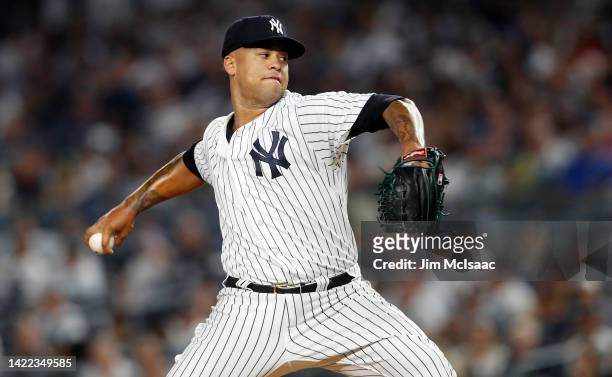 Frankie Montas of the New York Yankees pitches during the first inning against the Tampa Bay Rays at Yankee Stadium on September 09, 2022 in the...