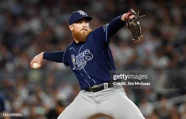 Drew Rasmussen of the Tampa Bay Rays pitches during the first inning against the New York Yankees at Yankee Stadium on September 09, 2022 in the...