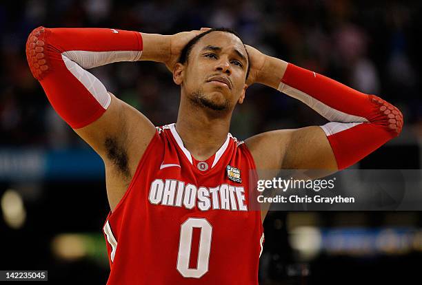 Jared Sullinger of the Ohio State Buckeyes reacts after the Buckeyes lose to the Kansas Jayhawks 64-62 during the National Semifinal game of the 2012...