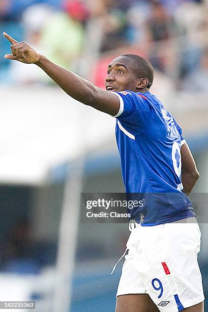 Edixon Perea of Cruz Azul celebrate a goal during a match between Cruz Azul v San Luis as part of Torneo Clausura 2012 at Azul Stadium on March 31,...