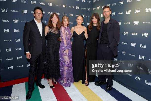 Piers Tempest, Frances O'Connor, Amelia Gething, Alexandra Dowling, Emma Mackey and Oliver Jackson-Cohen attend the "Emily" Premiere during the 2022...