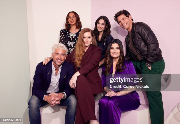 Patrick Dempsey, Maya Rudolph, Amy Adams, Gabriella Baldacchino, Idina Menzel, and James Marsden pose at the IMDb Official Portrait Studio during D23...