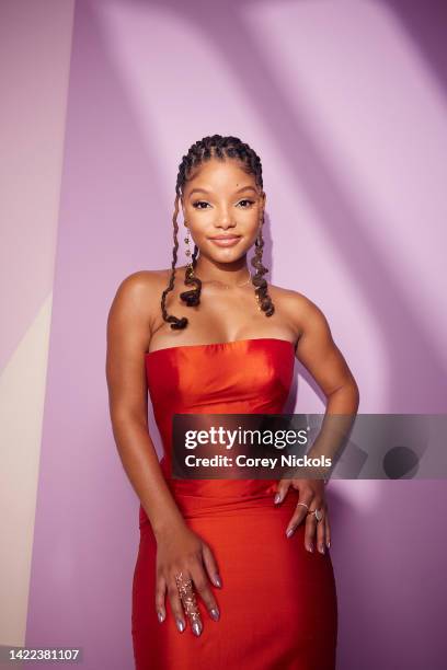 Halle Bailey poses at the IMDb Official Portrait Studio during D23 2022 at Anaheim Convention Center on September 09, 2022 in Anaheim, California.