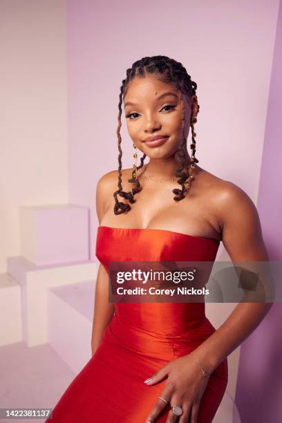 Halle Bailey poses at the IMDb Official Portrait Studio during D23 2022 at Anaheim Convention Center on September 09, 2022 in Anaheim, California.