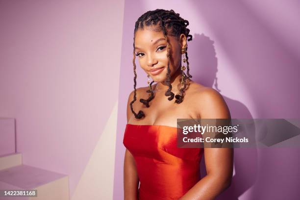 Halle Bailey poses at the IMDb Official Portrait Studio during D23 2022 at Anaheim Convention Center on September 09, 2022 in Anaheim, California.