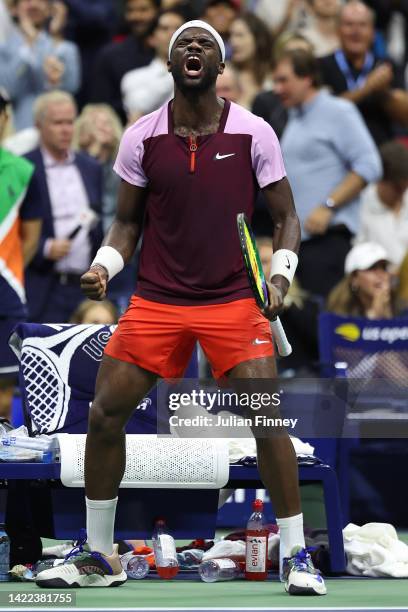 Frances Tiafoe of the United States celebrates winning the fourth set against Carlos Alcaraz of Spain during their Men’s Singles Semifinal match on...