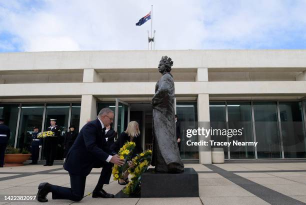 Prime Minister Anthony Albanese and Minister for Finance Katy Gallagher lay a wreath at the statue of Queen Elizabeth II at the Australian Parliament...