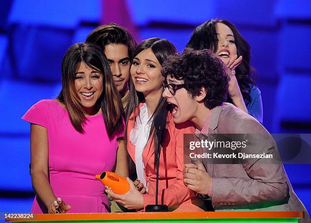 Actress Victoria Justice and fellow cast members from 'Victorious' onstage at Nickelodeon's 25th Annual Kids' Choice Awards held at Galen Center on...