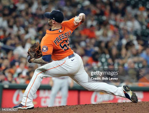 Ryan Pressly of the Houston Astros pitches in the ninth inningv against the Los Angeles Angels at Minute Maid Park on September 09, 2022 in Houston,...