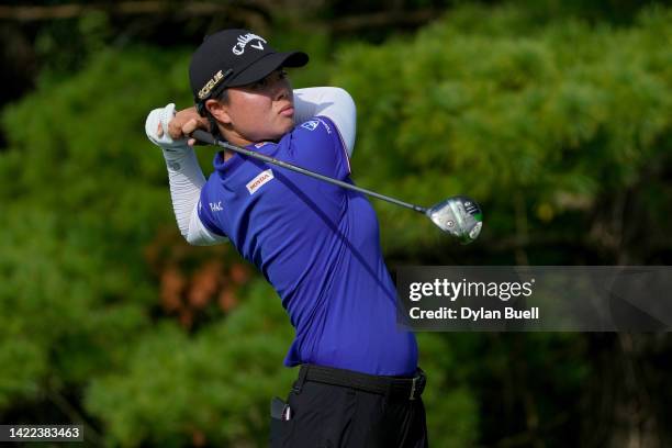 Yuka Saso of Japan plays her shot from the fifth tee during the second round of the Kroger Queen City Championship presented by P&G at Kenwood...