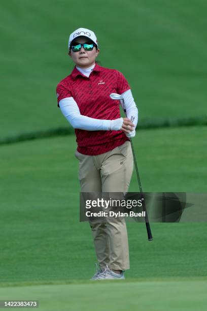 Ayako Uehara of Japan follows her shot on the fourth hole during the second round of the Kroger Queen City Championship presented by P&G at Kenwood...