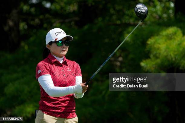 Ayako Uehara of Japan lines up a shot from the fifth tee during the second round of the Kroger Queen City Championship presented by P&G at Kenwood...