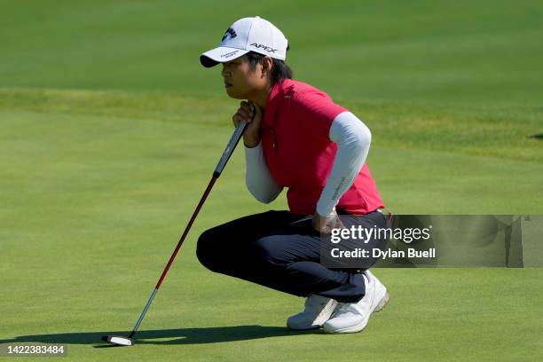 Haru Nomura of Japan lines up a putt on the fourth green during the second round of the Kroger Queen City Championship presented by P&G at Kenwood...