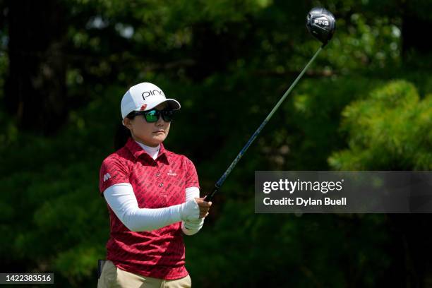 Ayako Uehara of Japan lines up a shot from the fifth tee during the second round of the Kroger Queen City Championship presented by P&G at Kenwood...