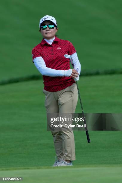 Ayako Uehara of Japan follows her shot on the fourth hole during the second round of the Kroger Queen City Championship presented by P&G at Kenwood...