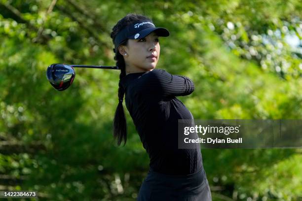 Muni He of China plays her shot from the fifth tee during the second round of the Kroger Queen City Championship presented by P&G at Kenwood Country...