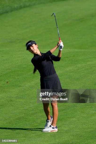 Muni He of China plays her shot on the fourth hole during the second round of the Kroger Queen City Championship presented by P&G at Kenwood Country...