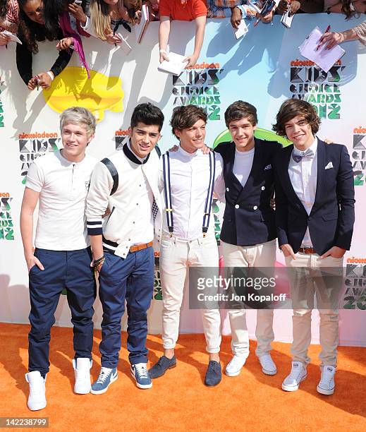 The band One Direction arrives at the 2012 Nickelodeon's Kids' Choice Awards held at the Galen Center on March 31, 2012 in Los Angeles, California.