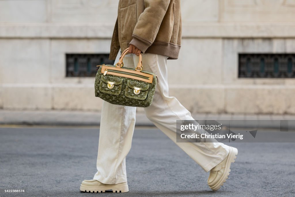 vintage, white pants Zara, green bag vintage Louis Vuitton, Cap Zara  News Photo - Getty Images