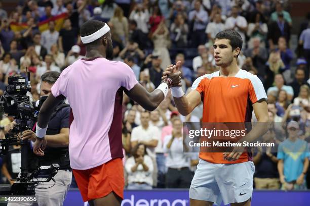 Carlos Alcaraz of Spain shakes hands after defeating Frances Tiafoe of the United States during their Men’s Singles Semifinal match on Day Twelve of...