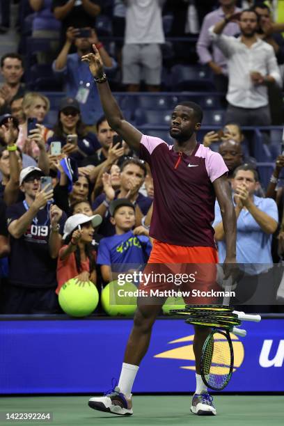 Frances Tiafoe of the United States waves to the crowd after his loss against Carlos Alcaraz of Spain during their Men’s Singles Semifinal match on...