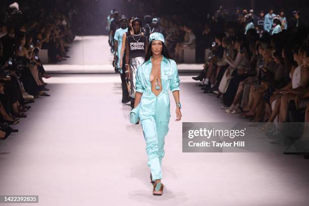 Bella Hadid walks the runway during the Fendi 25th Anniversary Celebration of the Baguette at New York Fashion Week at Hammerstein Ballroom on...