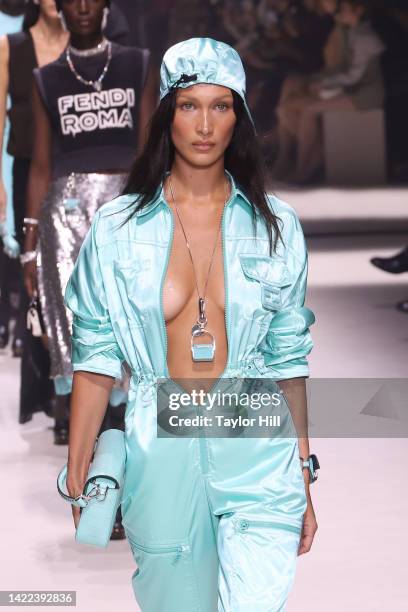 Bella Hadid walks the runway during the Fendi 25th Anniversary Celebration of the Baguette at New York Fashion Week at Hammerstein Ballroom on...