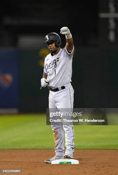 Elvis Andrus of the Chicago White Sox celebrates on second base after hitting a two-run RBI double to give the White Sox the lead 5-3 over the...