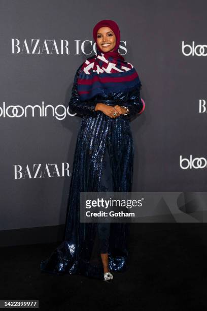 Halima Aden attends Harper's BAZAAR Global ICONS Portfolio and Bloomingdale's 150th Anniversary at Bloomingdale's on September 09, 2022 in New York...