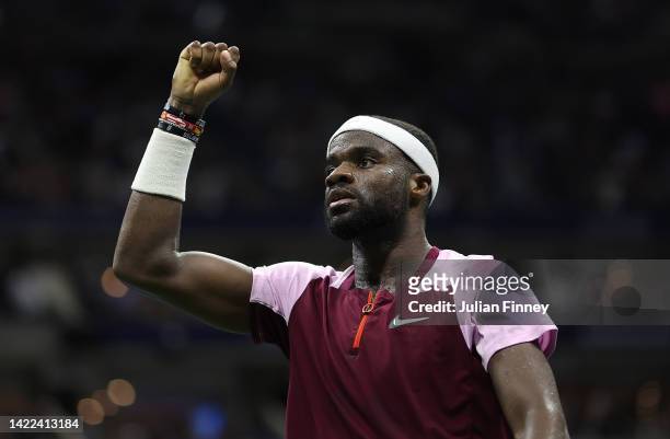 Frances Tiafoe of the United States celebrates against Carlos Alcaraz of Spain during their Men’s Singles Semifinal match on Day Twelve of the 2022...