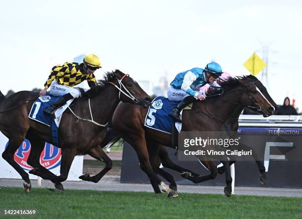 Mark Zahra riding Kissonallforcheeks winning Race 7, the Furphy Let's Elope Stakes, during Melbourne Racing at Flemington Racecourse on September 10,...