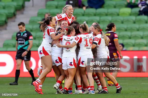 Dragons players celebrate victory during the round four NRLW match between Brisbane Broncos and St George Illawarra Dragons at AAMI Park, on...