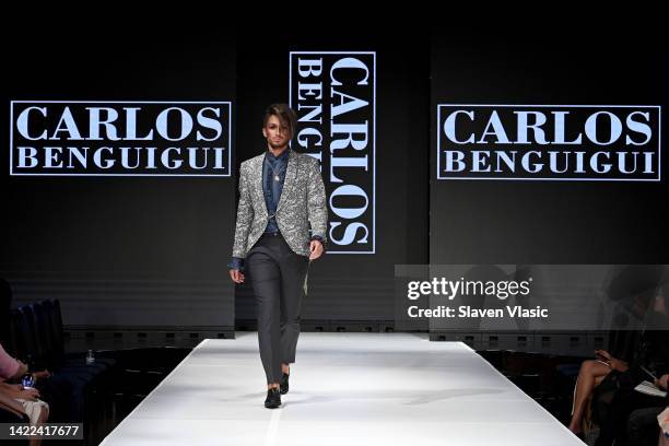 Model walks the runway wearing Carlos Benguigui during NYFW hiTechMODA Season 8 at The Edison Ballroom on September 9, 2022 in New York City.