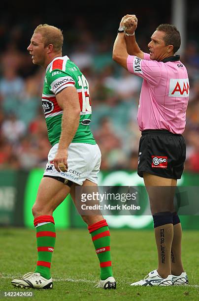 Michael Crocker of the Rabbitohs is placed on report during the round five NRL match between the Wests Tigers and the South Sydney Rabbitohs at...