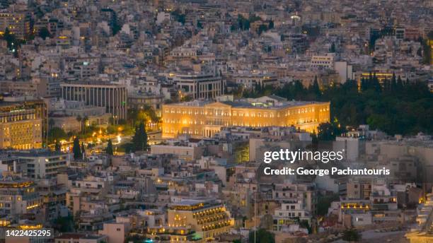 aerial photo of the greek parliament in athens, greece - greek parliament stock pictures, royalty-free photos & images