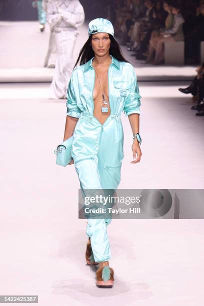 Bella Hadid walks the runway during the Fendi 25th Anniversary Celebration of the Baguette at New York Fashion Week at Hammerstein Ballroom on...