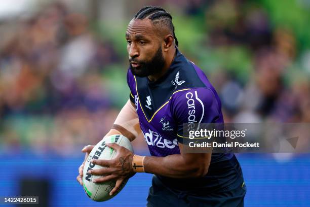 Justin Olam of the Storm warms up before the NRL Elimination Final match between the Melbourne Storm and the Canberra Raiders at AAMI Park on...