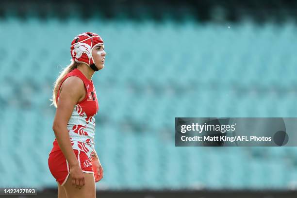Cynthia Hamilton of the Swans looks on during the round three AFLW match between the Sydney Swans and the Greater Western Sydney Giants at Sydney...