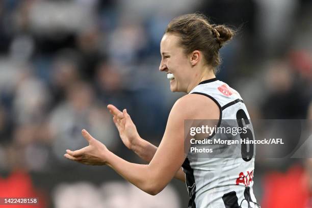 Jordyn Allen of the Magpies celebrates a goal during the round three AFLW match between the Geelong Cats and the Collingwood Magpies at GMHBA Stadium...